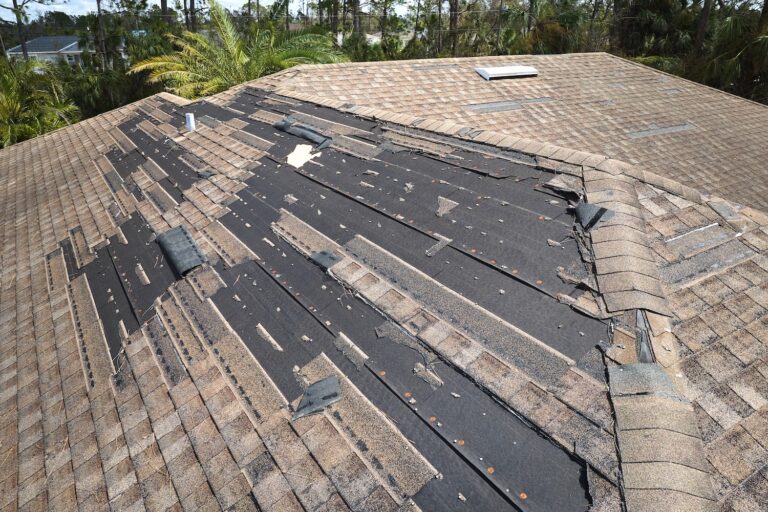 Roof of a house showing extensive shingle damage, many missing/curling tiles, and exposed black underlayment with debris; palm trees in the background.