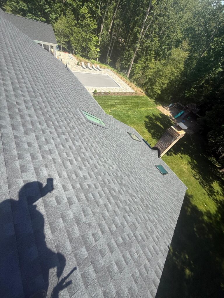 Overhead view of a gray shingled roof with skylights, beside a green yard and wooded backdrop.